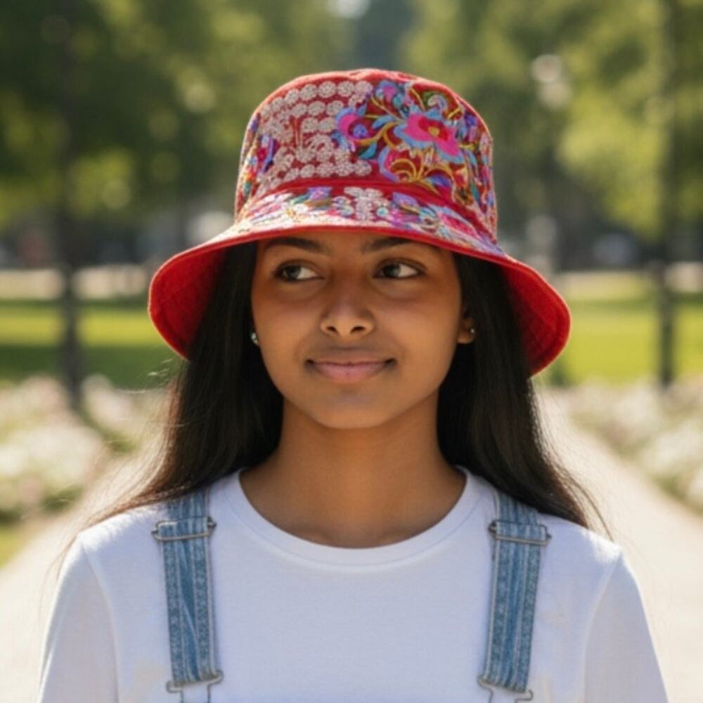 Floral Embroidered Bucket Hat OS Red Black Reversible Boho Festival Artisan